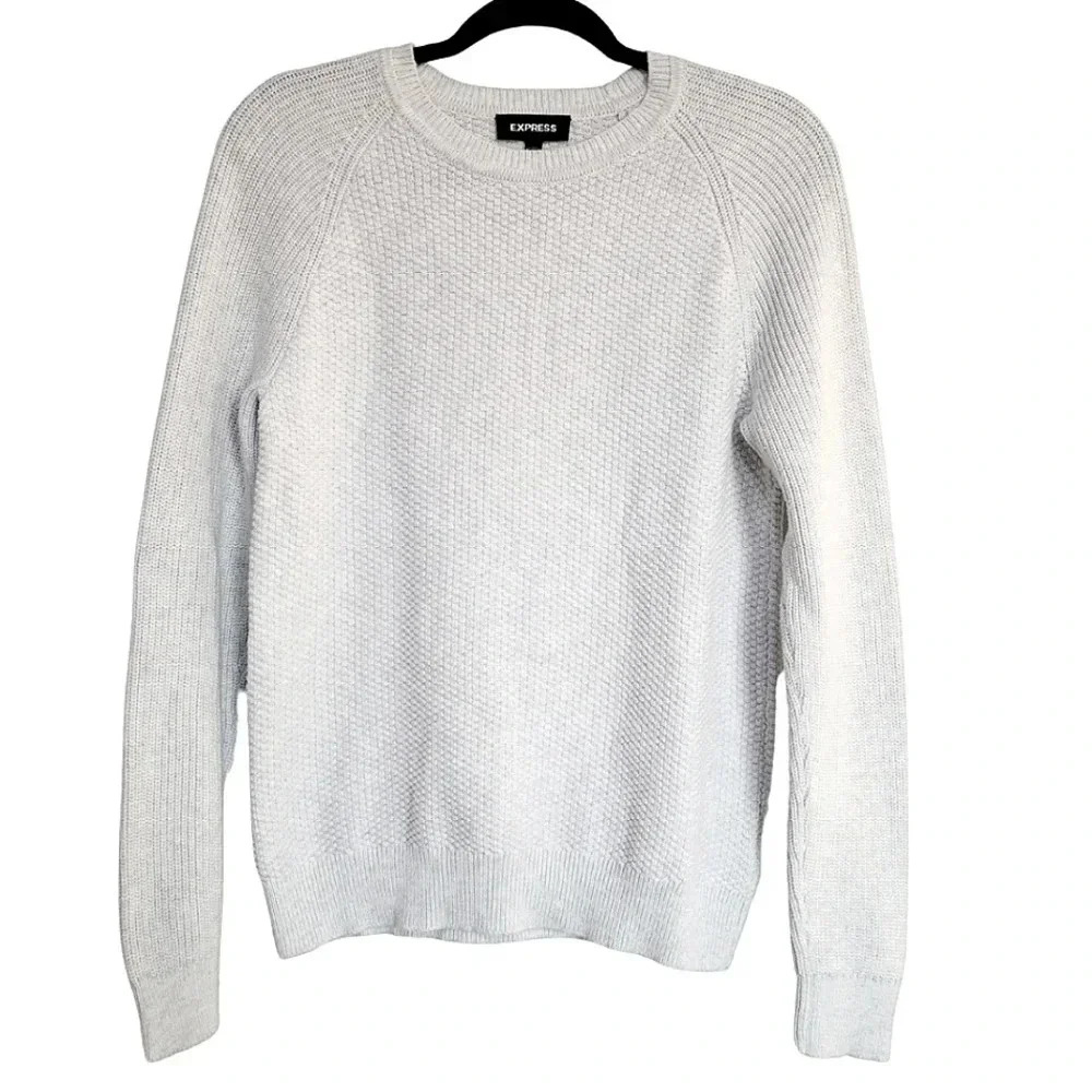 EXPRESS Men's Long Sleeve Woven Crew Neck Sweater Light Gray Business Size Small